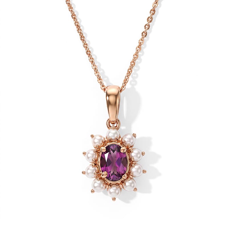 D'Joy AAA Radiant Ember Garnet 1.00 ctw and Freshwater Pearl Pendant Necklace in 18K Vermeil Rose Gold Over Sterling Silver 20 Inches