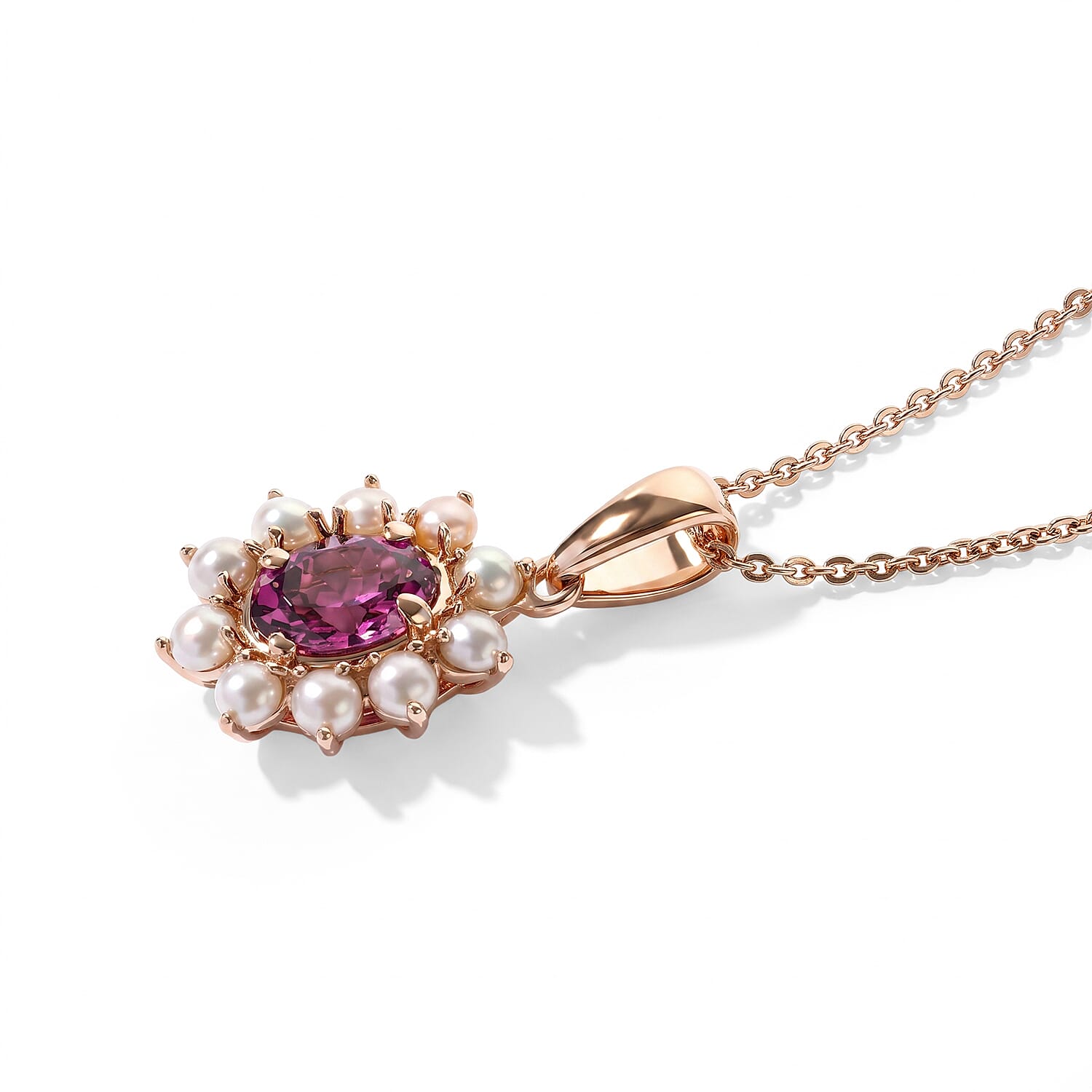 D'Joy AAA Radiant Ember Garnet 1.00 ctw and Freshwater Pearl Pendant Necklace in 18K Vermeil Rose Gold Over Sterling Silver 20 Inches