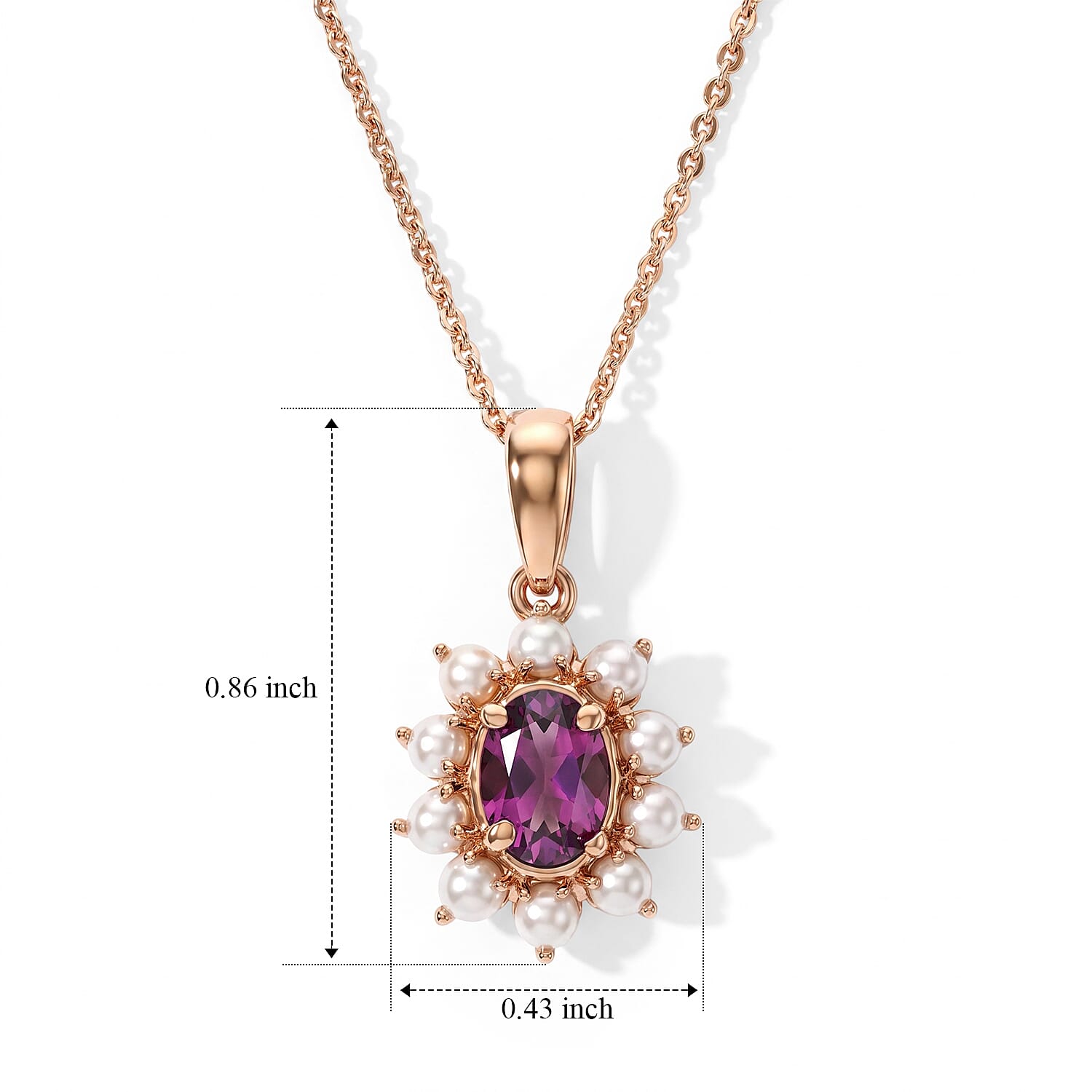 D'Joy AAA Radiant Ember Garnet 1.00 ctw and Freshwater Pearl Pendant Necklace in 18K Vermeil Rose Gold Over Sterling Silver 20 Inches