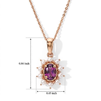 D'Joy AAA Radiant Ember Garnet 1.00 ctw and Freshwater Pearl Pendant Necklace in 18K Vermeil Rose Gold Over Sterling Silver 20 Inches