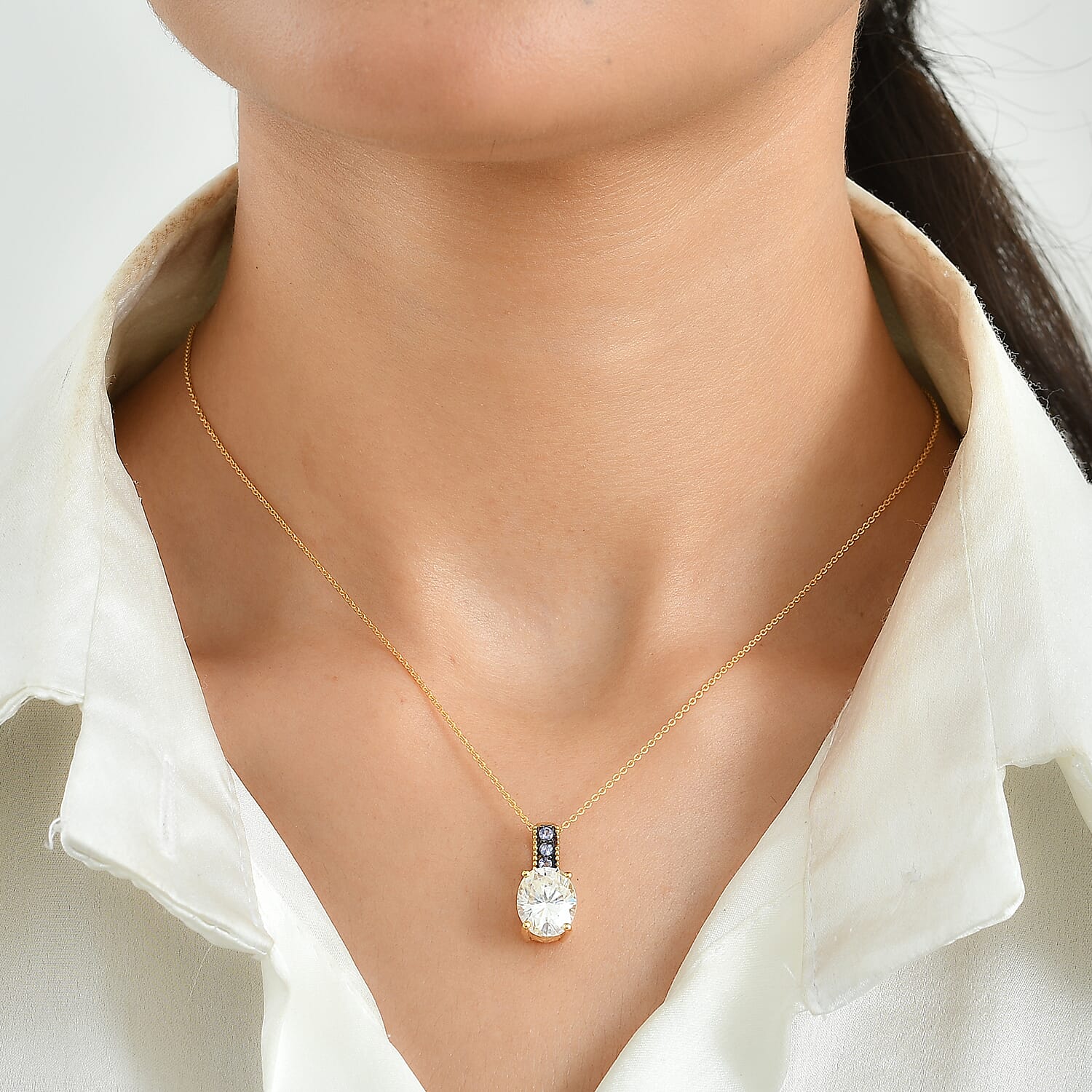 D'Joy Moissanite and Tanzanite 3.85 ctw Melody Pendant Necklace in 18K Vermeil Yellow Gold Over Sterling Silver 20 Inches