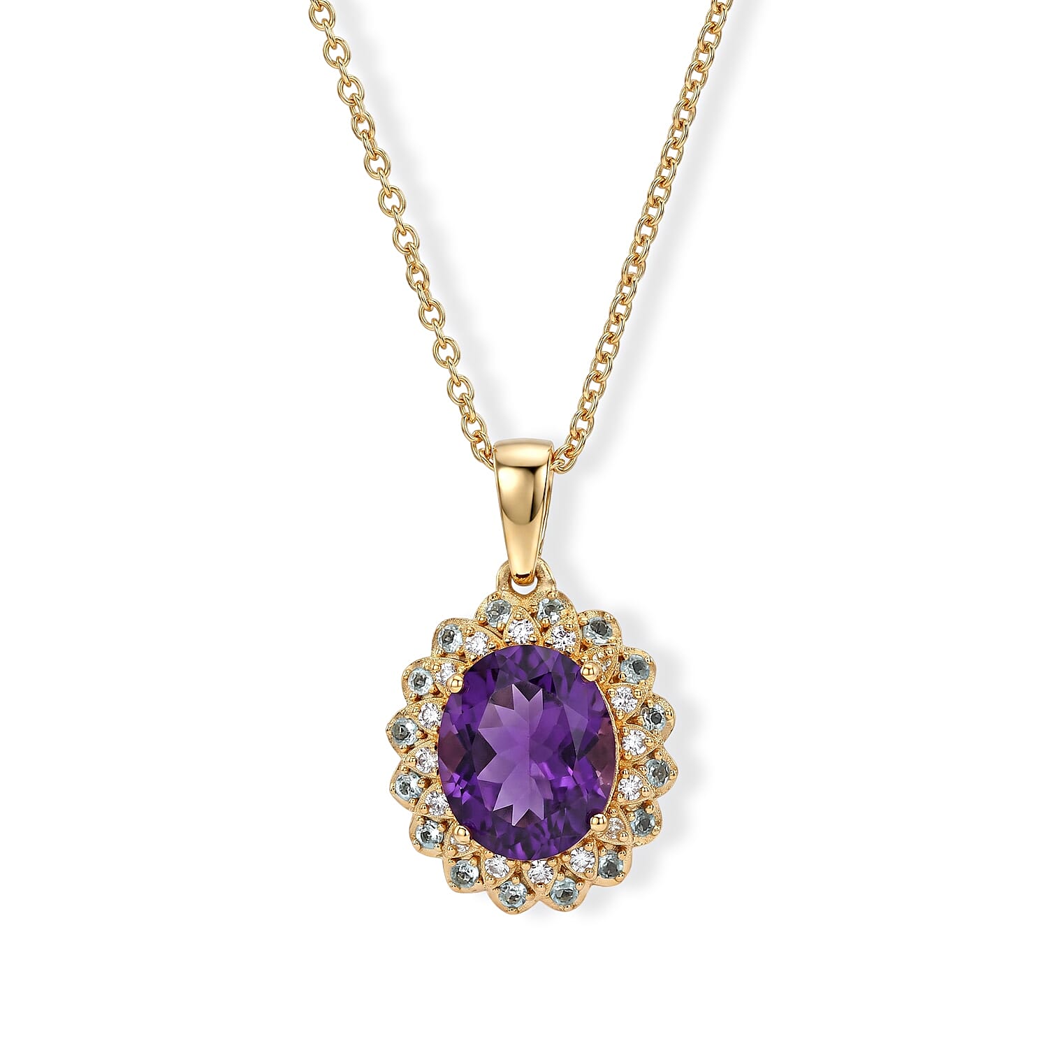 EverTrue African Amethyst and Multi Gemstone 5.00 ctw Pendant in 18K YG Plated with ION Plated YG Stainless Steel Necklace (20 Inches)