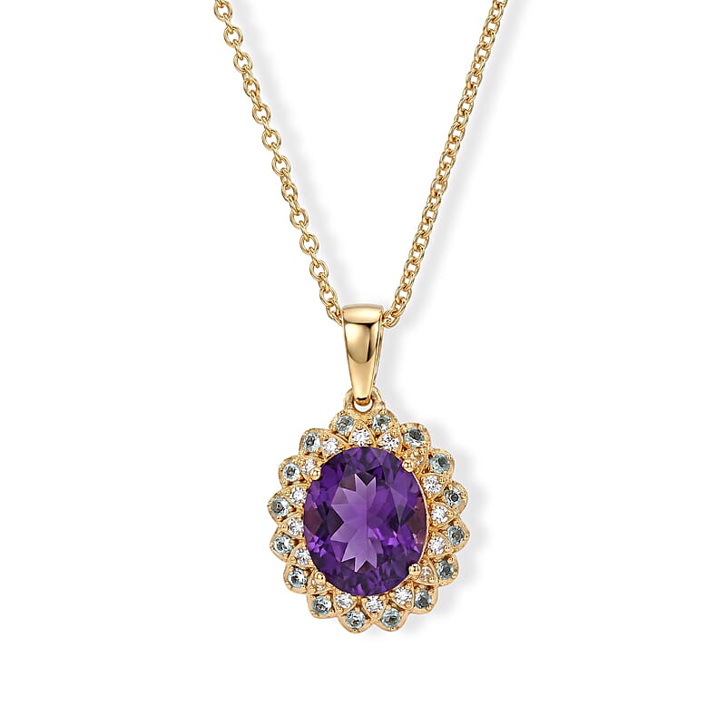 EverTrue African Amethyst and Multi Gemstone 5.00 ctw Pendant in 18K YG Plated with ION Plated YG Stainless Steel Necklace (20 Inches)