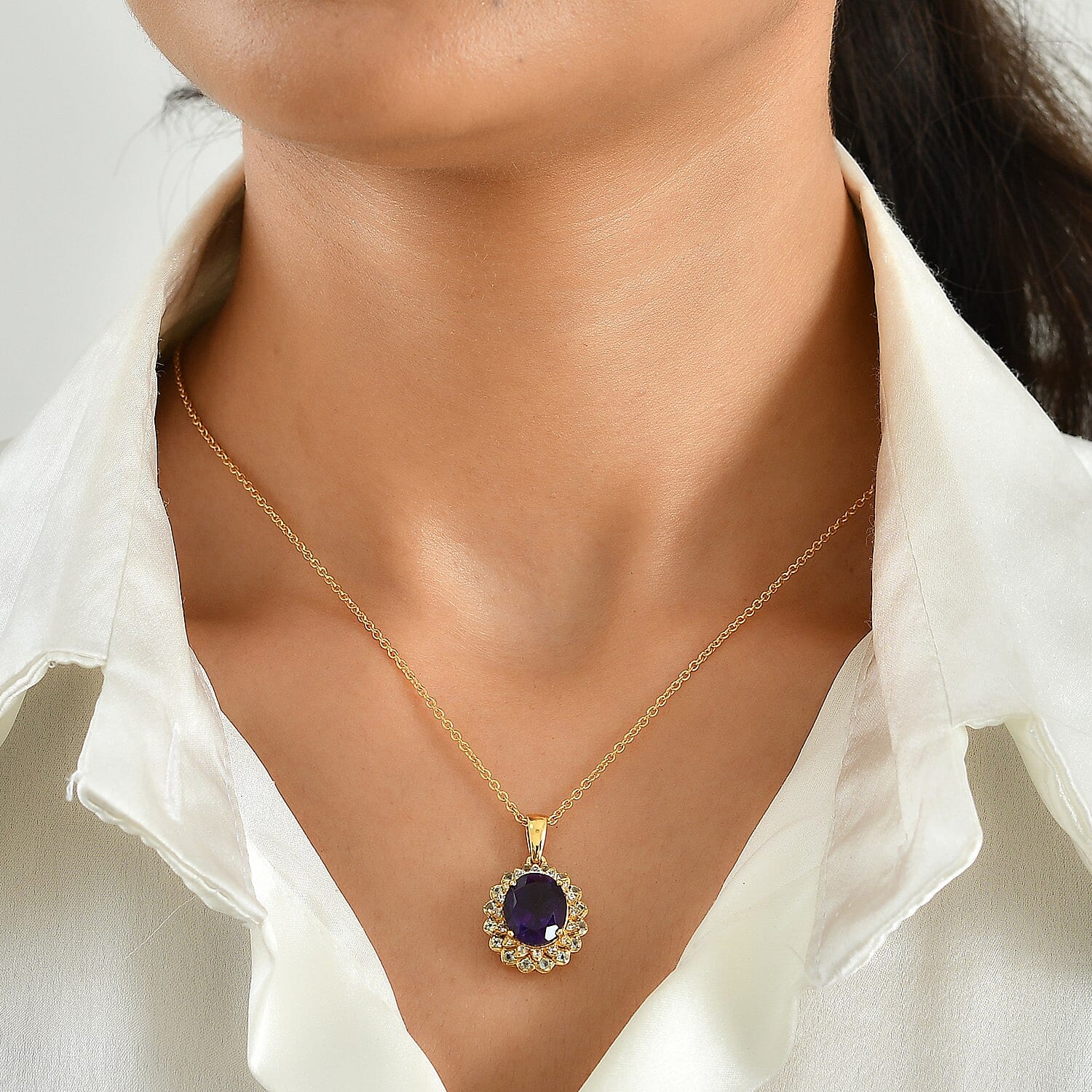 EverTrue African Amethyst and Multi Gemstone 5.00 ctw Pendant in 18K YG Plated with ION Plated YG Stainless Steel Necklace (20 Inches)