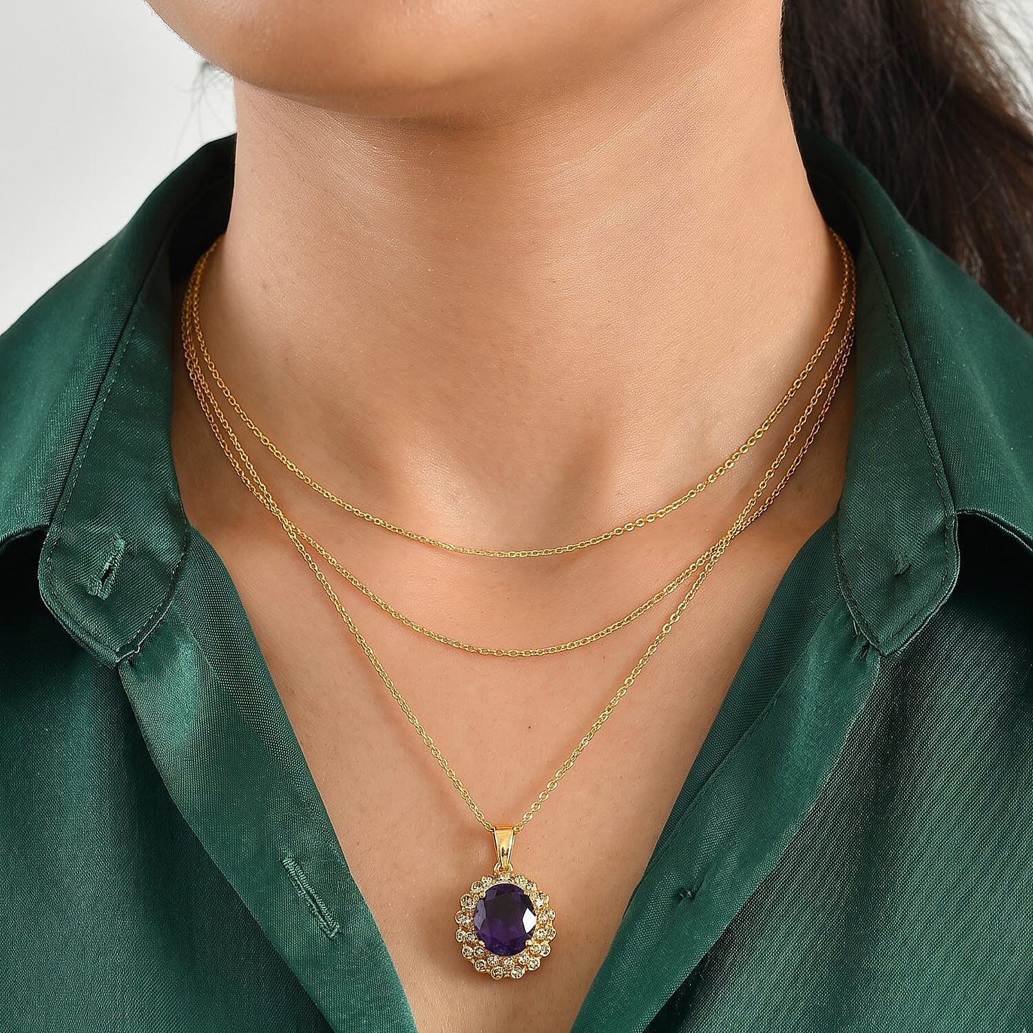 EverTrue African Amethyst and Multi Gemstone 5.00 ctw Pendant in 18K YG Plated with ION Plated YG Stainless Steel Necklace (20 Inches)