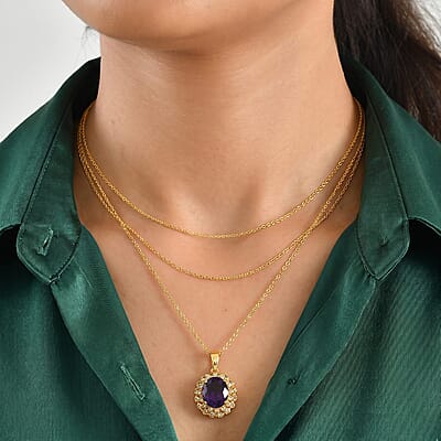 EverTrue African Amethyst and Multi Gemstone 5.00 ctw Pendant in 18K YG Plated with ION Plated YG Stainless Steel Necklace (20 Inches)