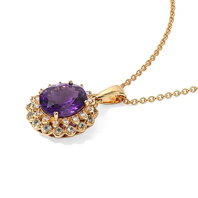 EverTrue African Amethyst and Multi Gemstone 5.00 ctw Pendant in 18K YG Plated with ION Plated YG Stainless Steel Necklace (20 Inches)