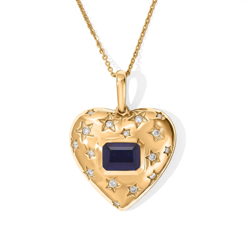 D'Joy Masoala Sapphire(D) and Moissanite 2.65 ctw Starry Heart Pendant Necklace (20 Inches) in 18K Vermeil YG Over Sterling Silver