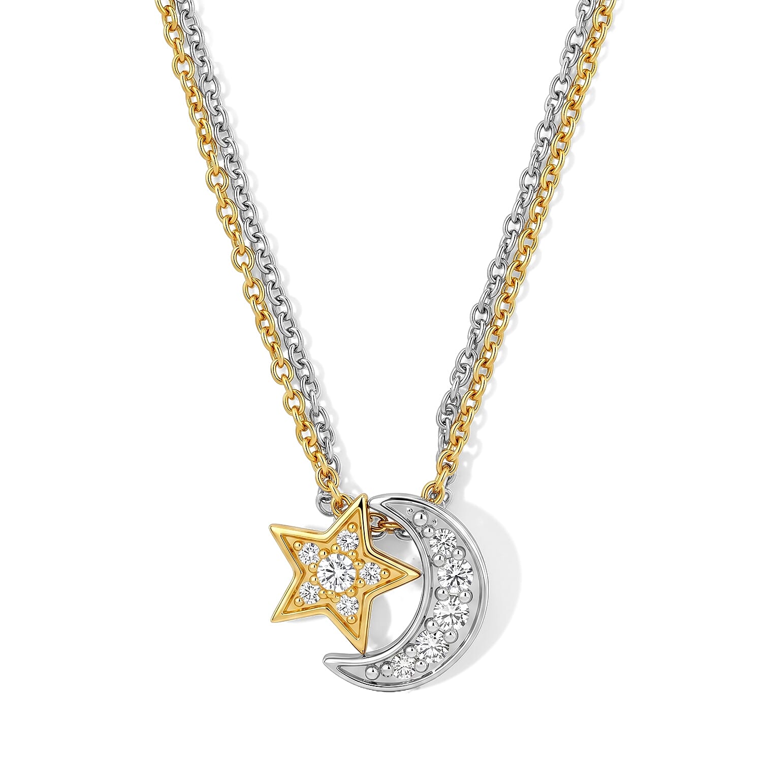 EverTrue White Zircon 0.50 ctw Set of 2 Star and Moon Pendants in 18K YG Plated and Platinum with ION Plated YG and Stainless Steel (20 Inches)