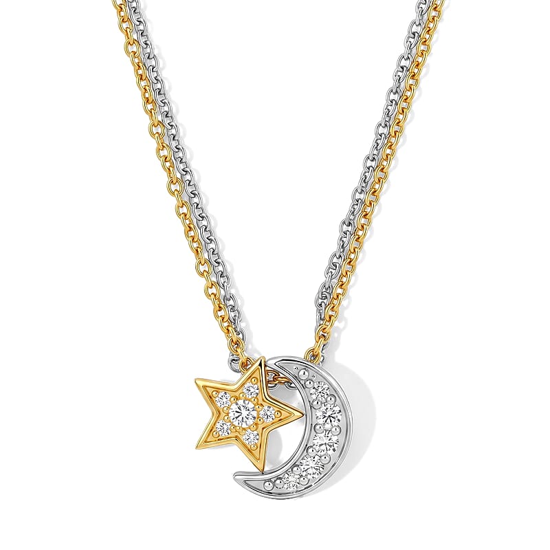 EverTrue White Zircon 0.50 ctw Set of 2 Star and Moon Pendants in 18K YG Plated and Platinum with ION Plated YG and Stainless Steel (20 Inches)
