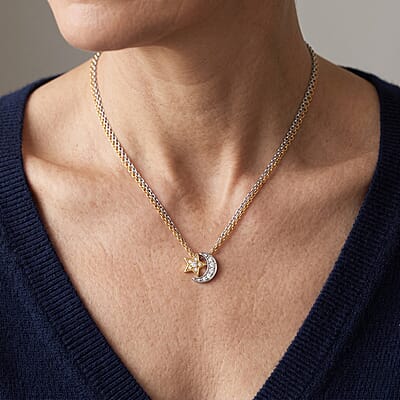 EverTrue White Zircon 0.50 ctw Set of 2 Star and Moon Pendants in 18K YG Plated and Platinum with ION Plated YG and Stainless Steel (20 Inches)