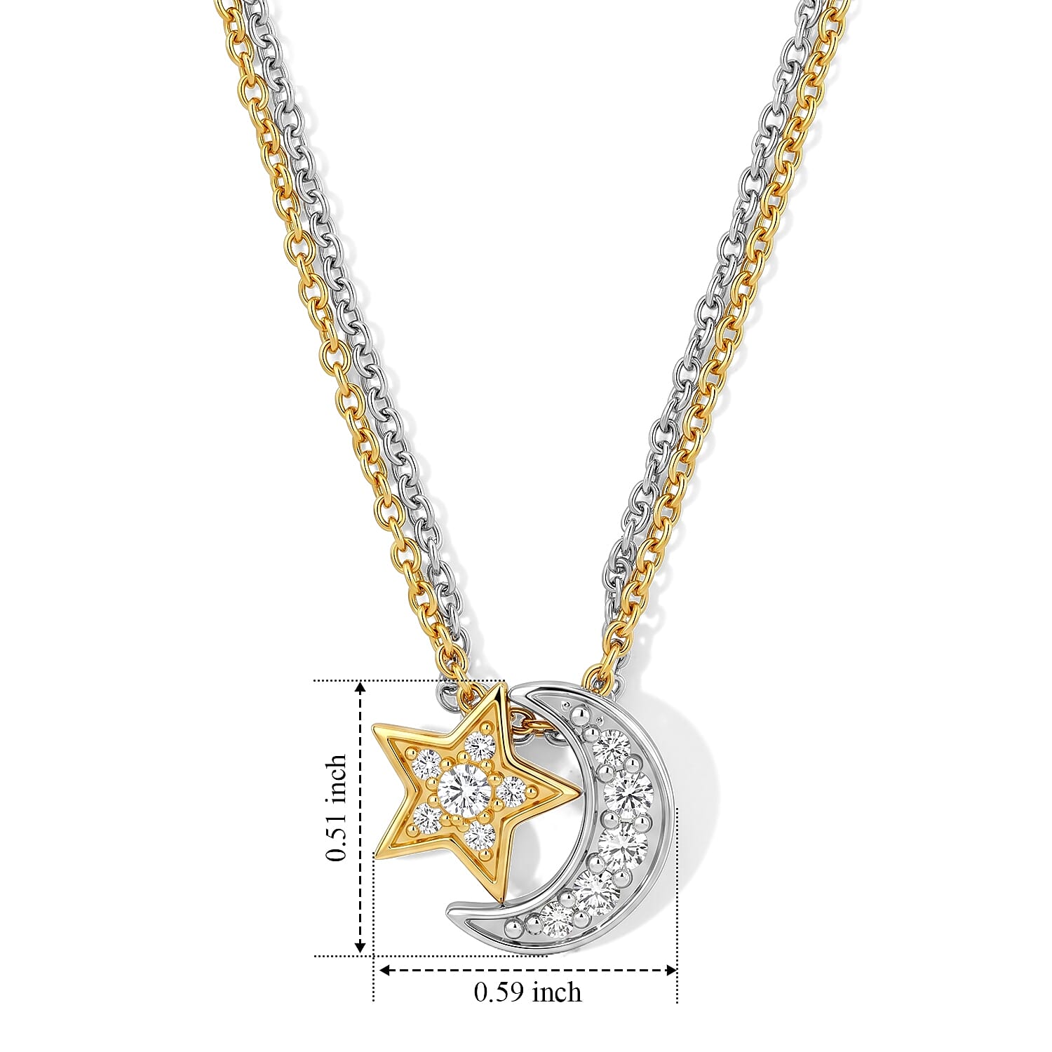 EverTrue White Zircon 0.50 ctw Set of 2 Star and Moon Pendants in 18K YG Plated and Platinum with ION Plated YG and Stainless Steel (20 Inches)