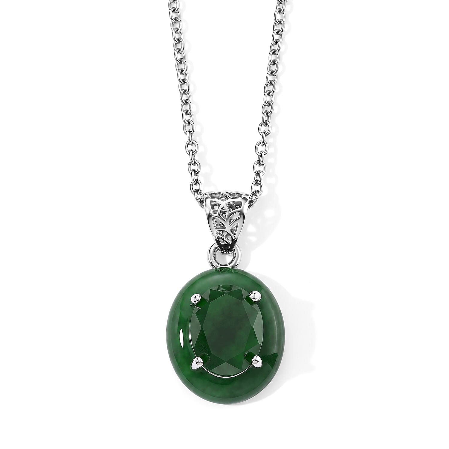 D'Joy Verdant Green Jade (D) 10.00 ctw Pendant in Rhodium Over Sterling Silver with Stainless Steel Necklace (20 Inches)