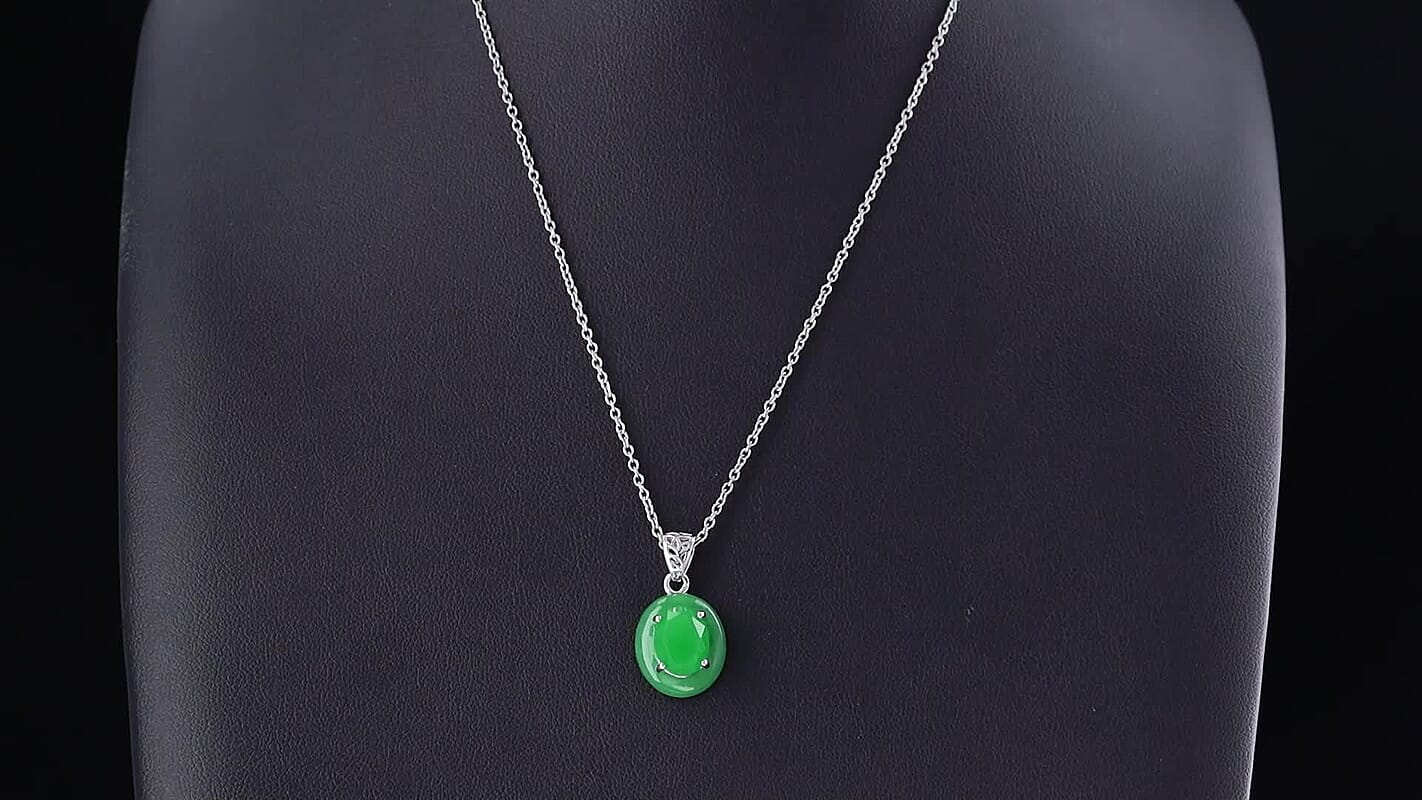 D''Joy Green Jade (D) 10.00 ctw Pendant in Rhodium Over Sterling Silver with Stainless Steel Necklace (20 Inches)