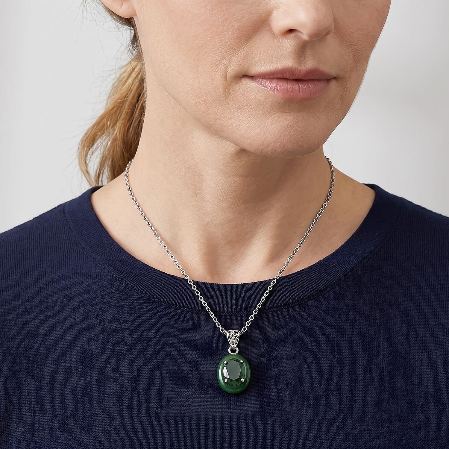 D'Joy Verdant Green Jade (D) 10.00 ctw Pendant in Rhodium Over Sterling Silver with Stainless Steel Necklace (20 Inches)