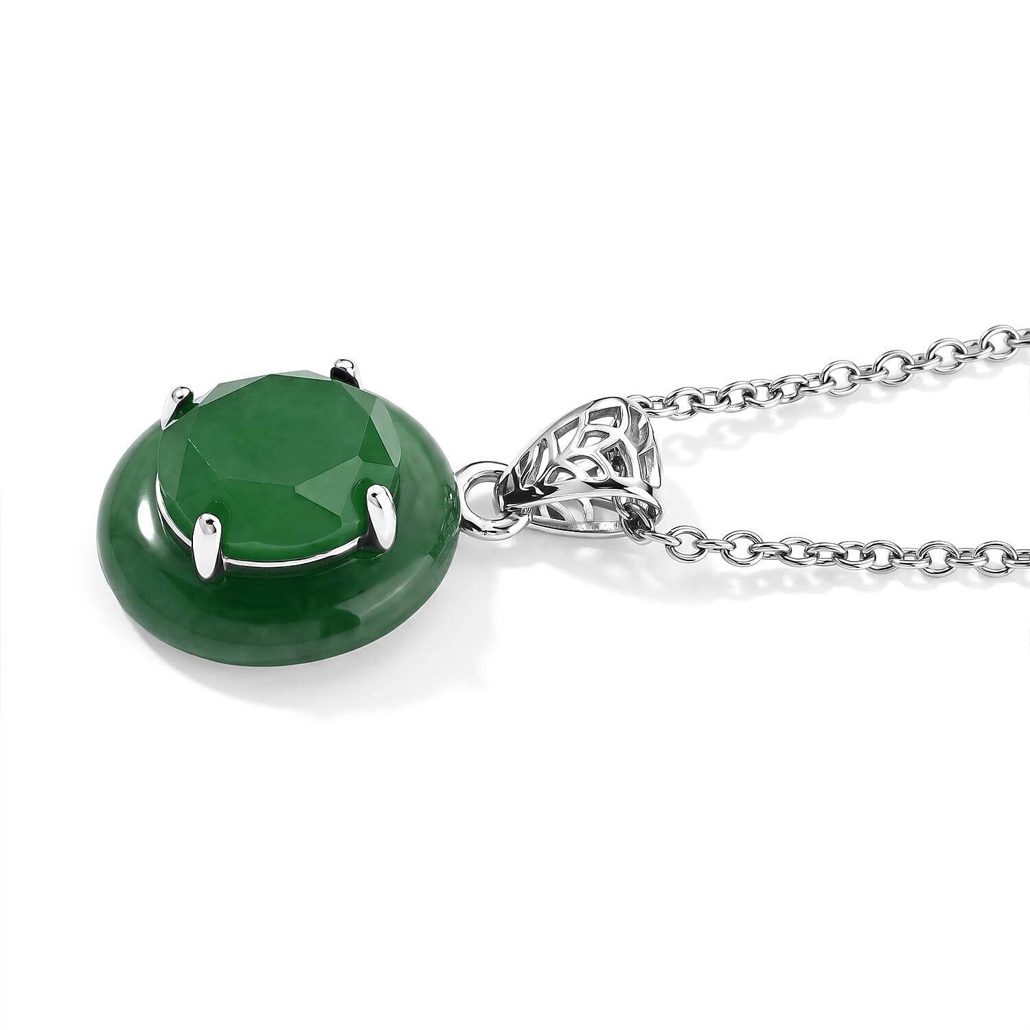 D'Joy Verdant Green Jade (D) 10.00 ctw Pendant in Rhodium Over Sterling Silver with Stainless Steel Necklace (20 Inches)