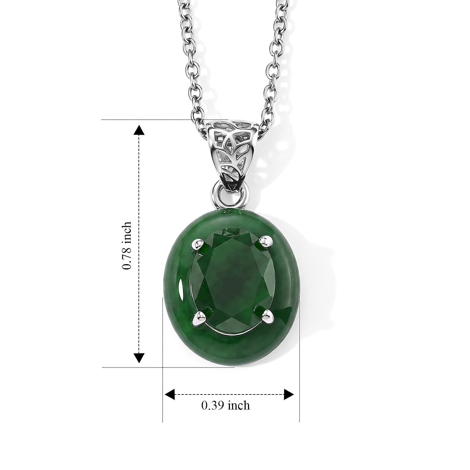 D'Joy Verdant Green Jade (D) 10.00 ctw Pendant in Rhodium Over Sterling Silver with Stainless Steel Necklace (20 Inches)