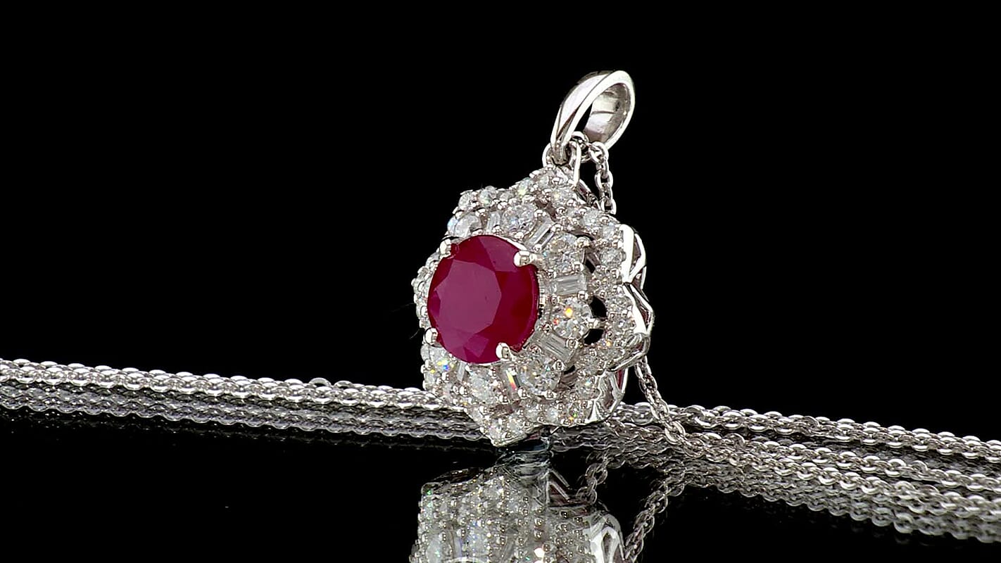 Doorbuster Certified and Appraised D''Joy Premium Ruby, Moissanite Pendant Necklace (18 Inches) in Rhodium Over Sterling Silver 2.50 ctw