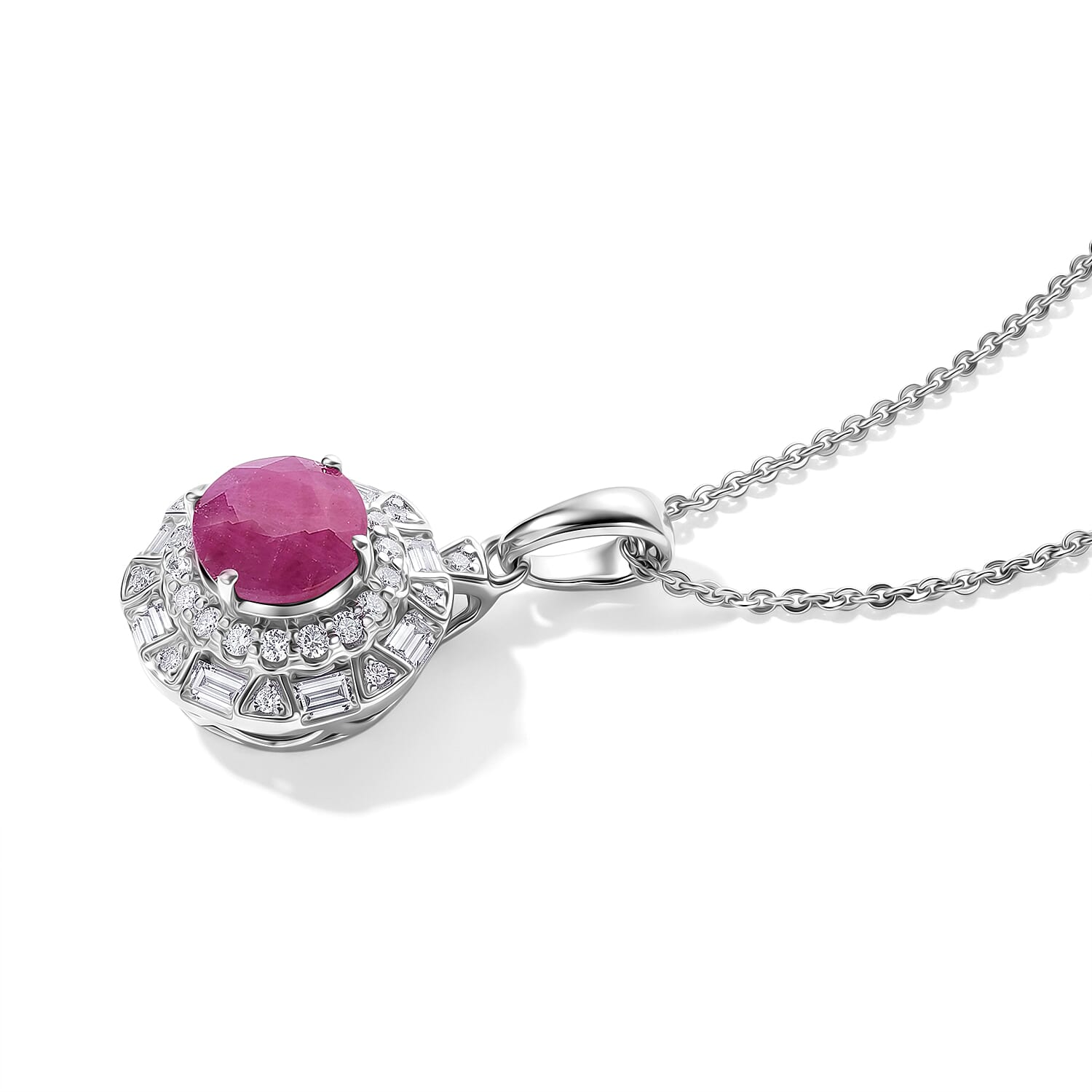 Certified and Appraised D'Joy Premium Ruby and Moissanite 2.50 ctw Pendant Necklace (18 Inches) in Rhodium Over Sterling Silver