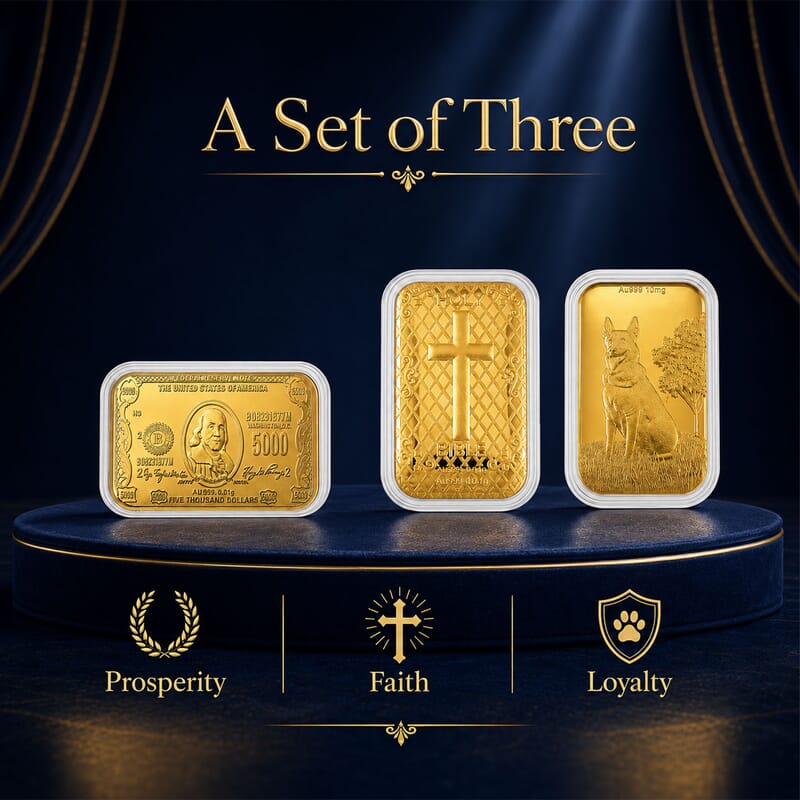Set of 3 24K Gold Guardian German Shepherd, Holy Bible and Currency Embossed Sheet 31x45.5mm 30mg