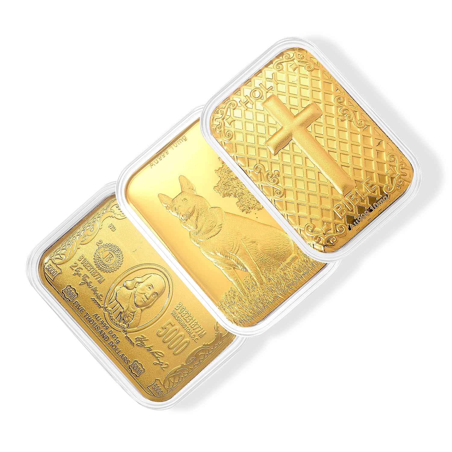 Set of 3 24K Gold Guardian German Shepherd, Holy Bible and Currency Embossed Sheet 31x45.5mm 30mg