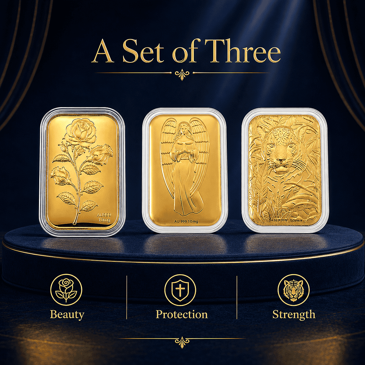 Set of 3 24K Gold Love Rose, Angel Blessings and Regal Tiger Embossed Sheet (31x45.5mm) 30mg