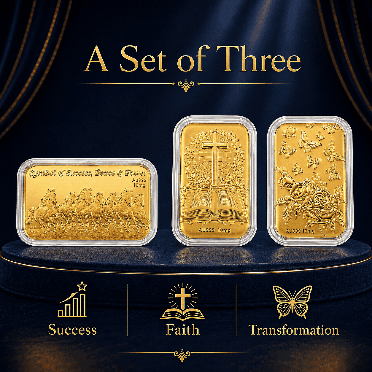 Set of 3 24K Gold Blessing - Seven Horses, Bible Cross and Butterfly Family with Rose Embossed Sheet (31x45.5mm) 30mg
