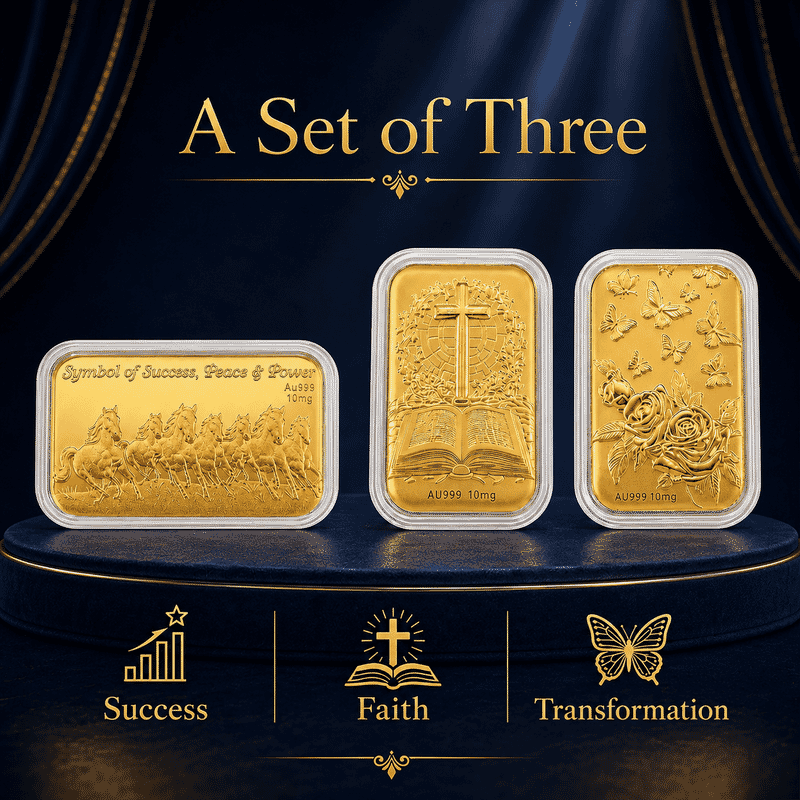 Set of 3 24K Gold Blessing - Seven Horses, Bible Cross and Butterfly Family with Rose Embossed Sheet (31x45.5mm) 30mg