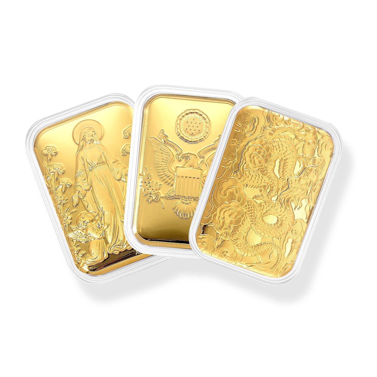 Set of 3 24K Gold Dragon, Blessed Mother and Eagle Crest Embossed Sheet 30mg