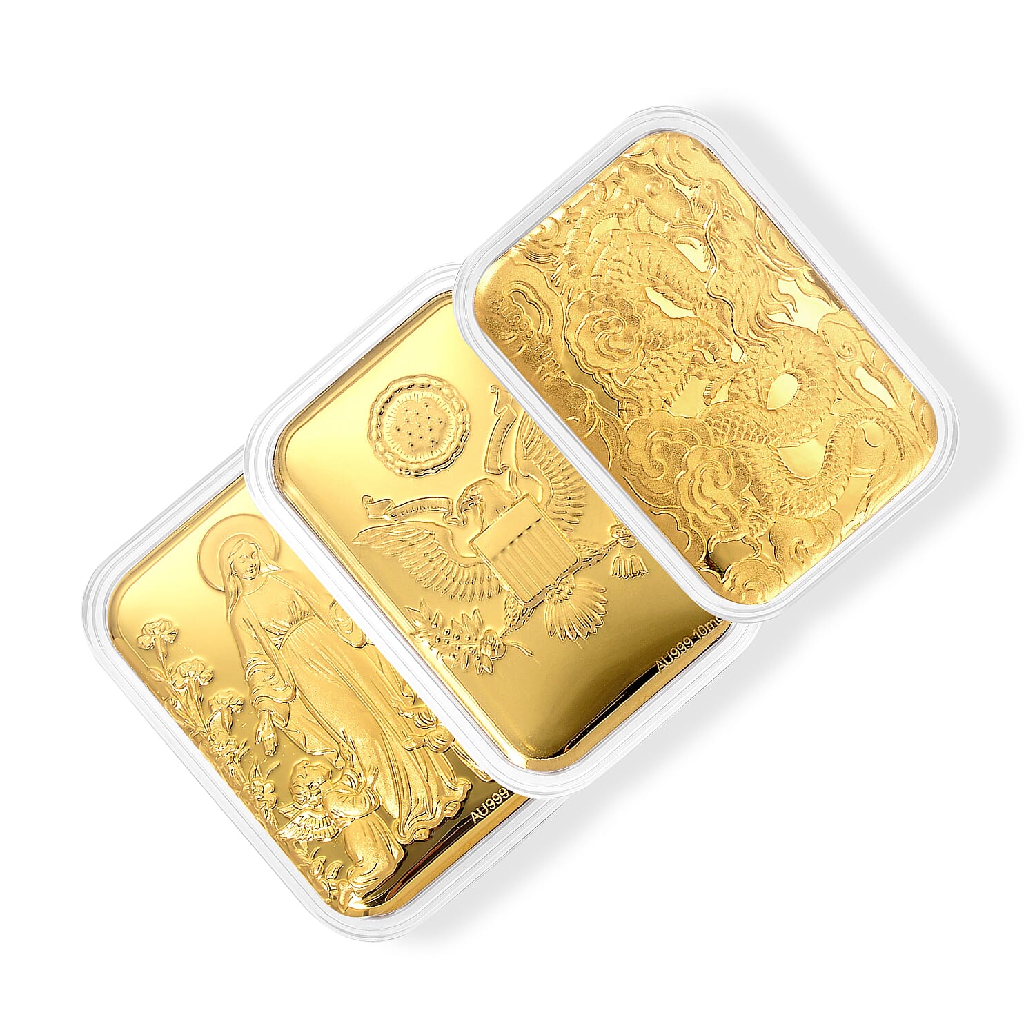 Set of 3 24K Gold Dragon, Blessed Mother and Eagle Crest Embossed Sheet 30mg