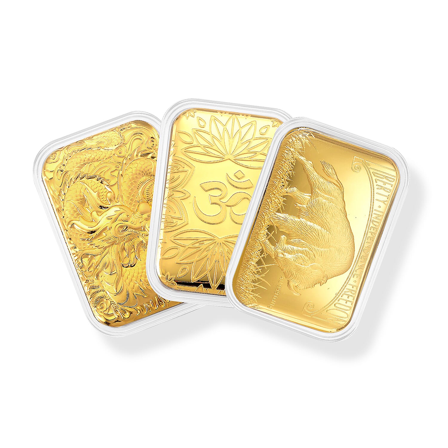 Set of 3 24K Gold Bison Tribute, Chakras Om Luminous Lotus and Legendary Dragon Embossed Sheet (31x45.5mm) 30mg