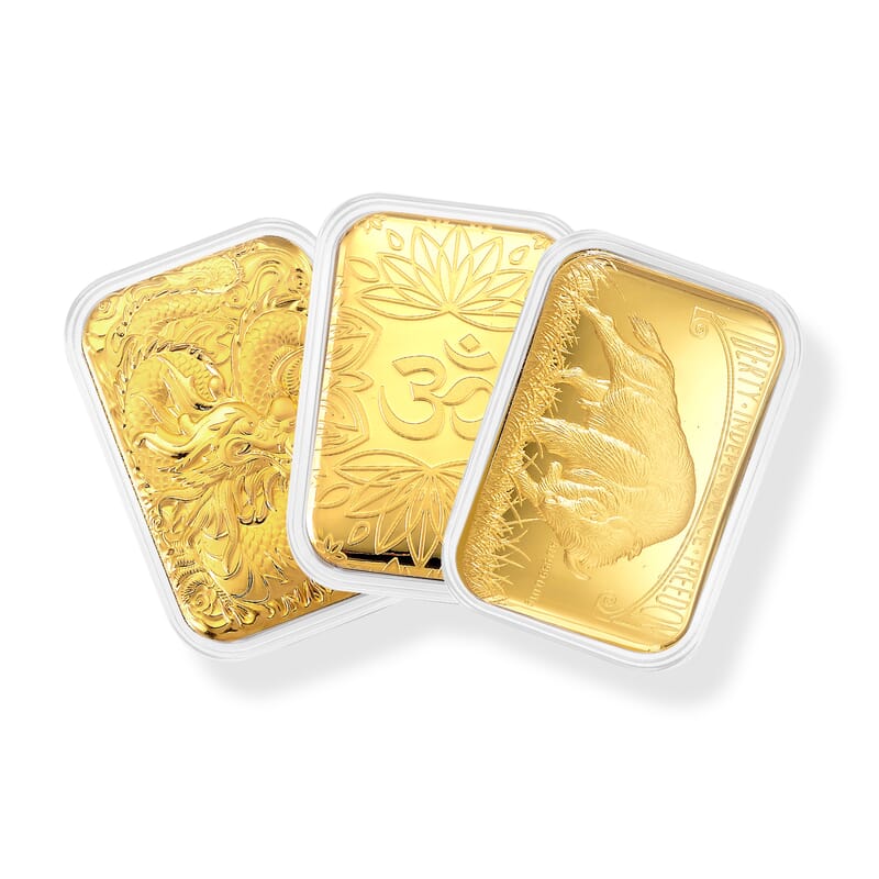 Set of 3 24K Gold Bison Tribute, Chakras Om Luminous Lotus and Legendary Dragon Embossed Sheet (31x45.5mm) 30mg