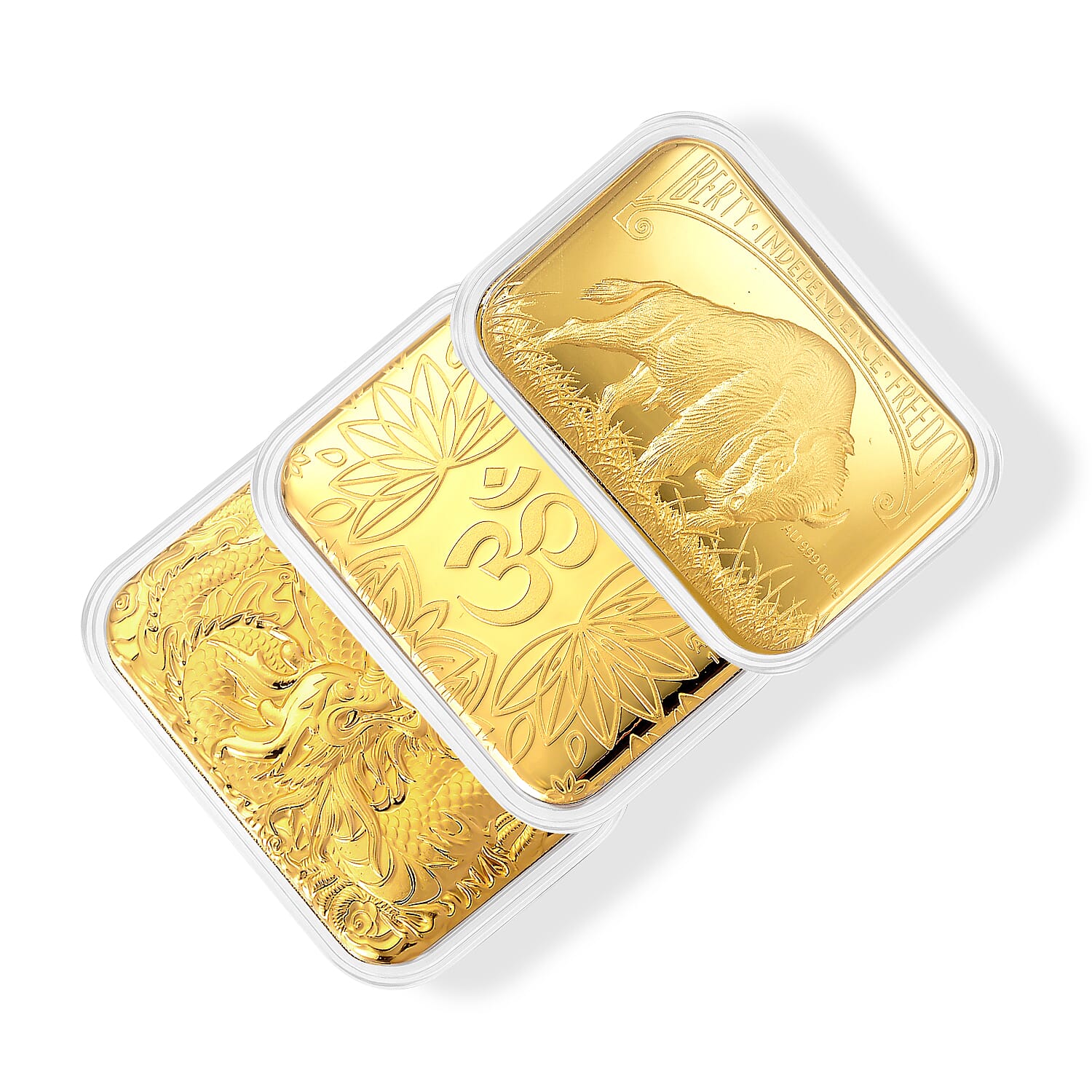 Set of 3 24K Gold Bison Tribute, Chakras Om Luminous Lotus and Legendary Dragon Embossed Sheet (31x45.5mm) 30mg