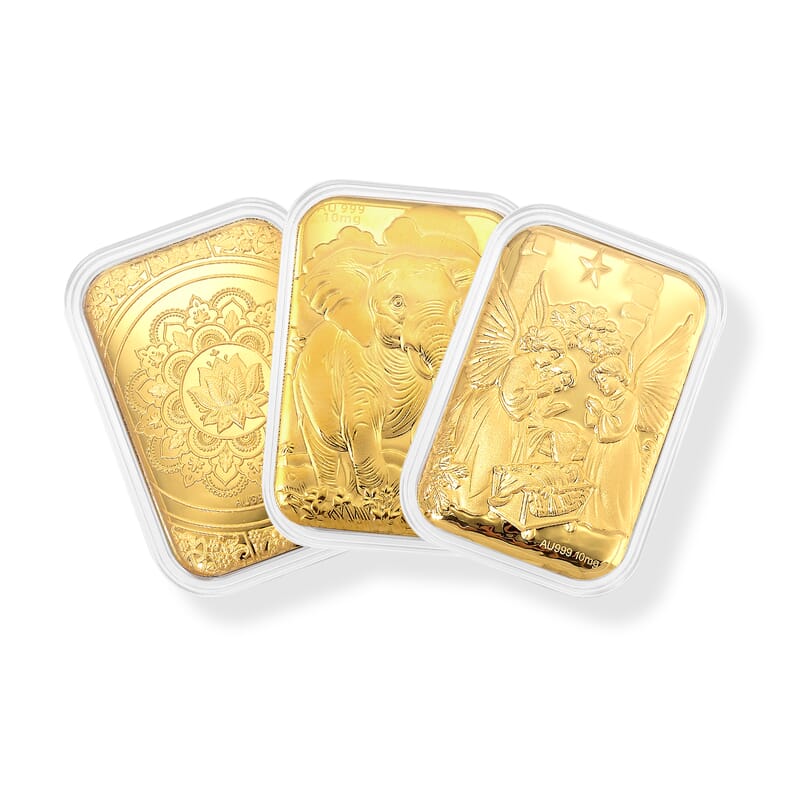 Se of 3 24K Gold Royal Elephant – Strength & Wisdom, Birth of Jesus Christan and Lotus Mandala Art Embossed Sheet (31x45.5mm) 30mg