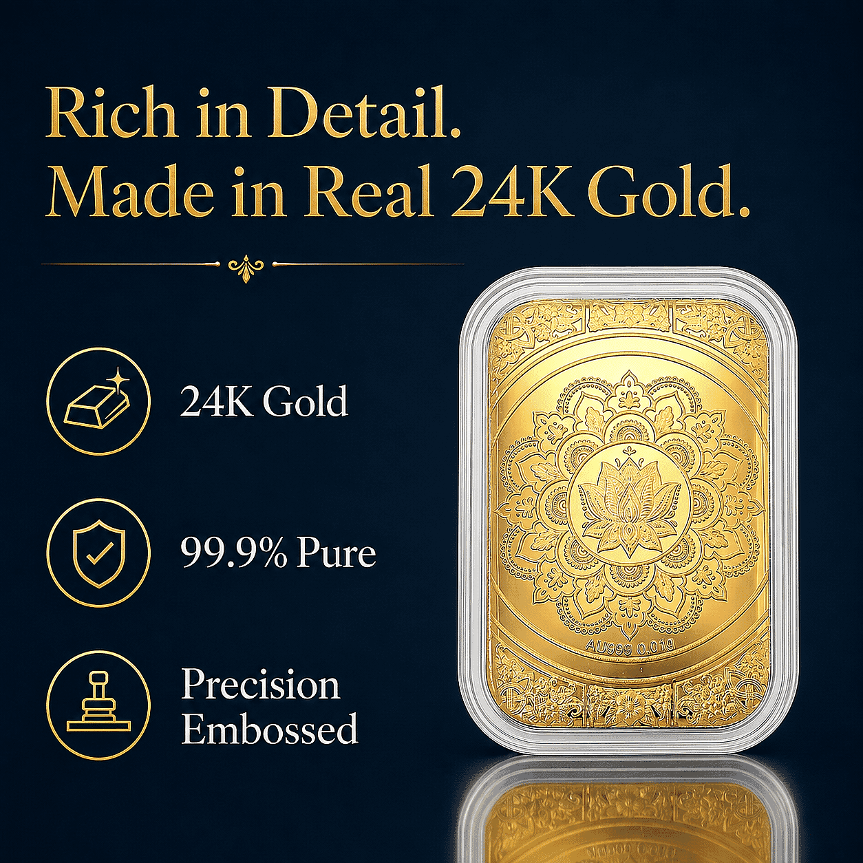 Se of 3 24K Gold Royal Elephant – Strength & Wisdom, Birth of Jesus Christan and Lotus Mandala Art Embossed Sheet (31x45.5mm) 30mg