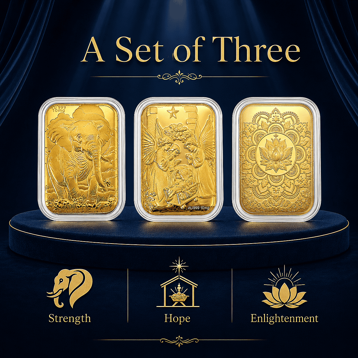 Se of 3 24K Gold Royal Elephant – Strength & Wisdom, Birth of Jesus Christan and Lotus Mandala Art Embossed Sheet (31x45.5mm) 30mg