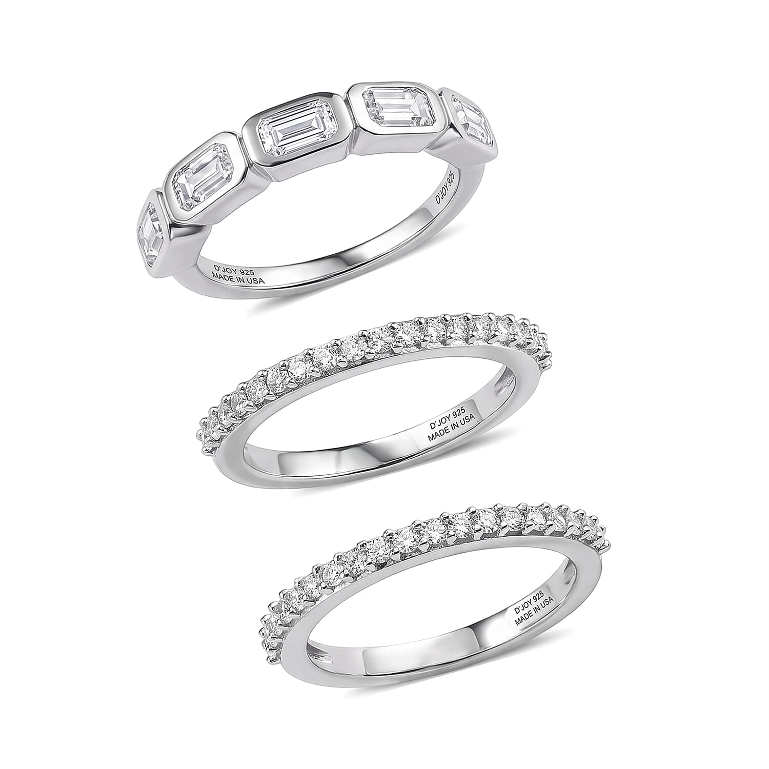 D'Joy Moissanite 2.00 ctw Set of 3 Stackable Ring in Rhodium Over Sterling Silver (Size 6)