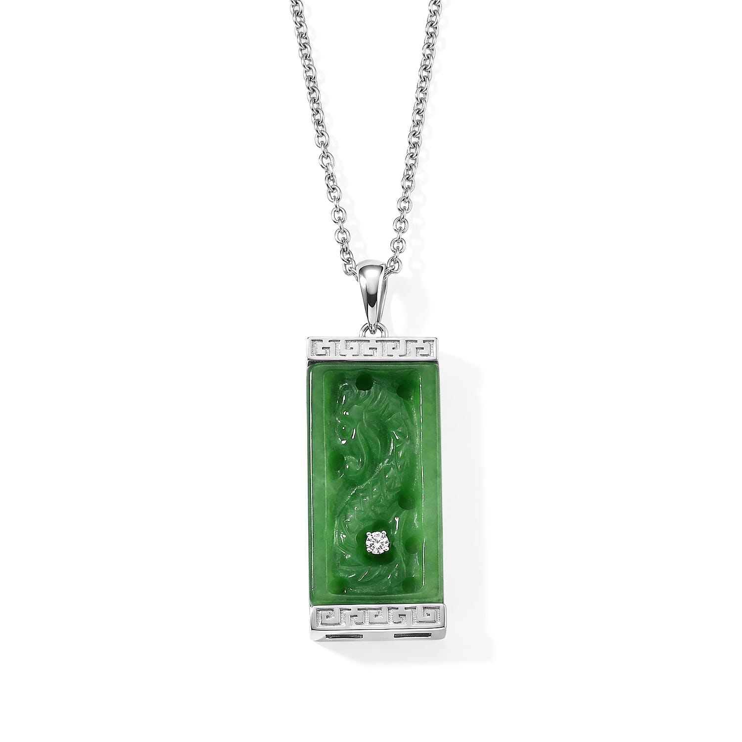 D'Joy Green Jade (D) and Moissanite 21.25 ctw Pendant in Rhodium Over Sterling Silver with Stainless Steel (20 Inches)
