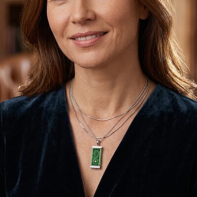 D'Joy Green Jade (D) and Moissanite 21.25 ctw Pendant in Rhodium Over Sterling Silver with Stainless Steel (20 Inches)