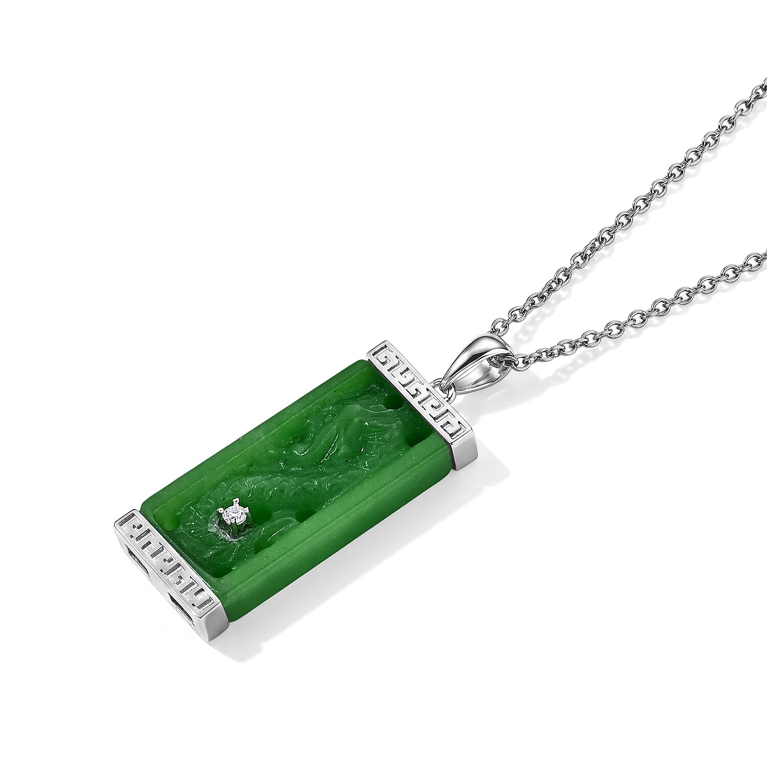 D'Joy Green Jade (D) and Moissanite 21.25 ctw Pendant in Rhodium Over Sterling Silver with Stainless Steel (20 Inches)