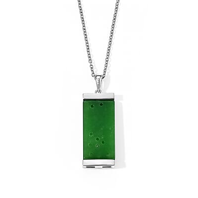 D'Joy Green Jade (D) and Moissanite 21.25 ctw Pendant in Rhodium Over Sterling Silver with Stainless Steel (20 Inches)