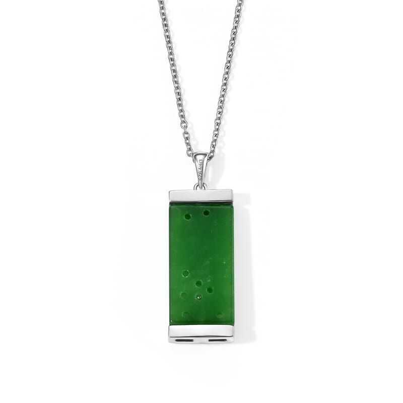 D'Joy Verdant Green Jade (D) and Moissanite 21.25 ctw Carved Dragon Pendant in Rhodium Over Sterling Silver with Stainless Steel Necklace (20 Inches)