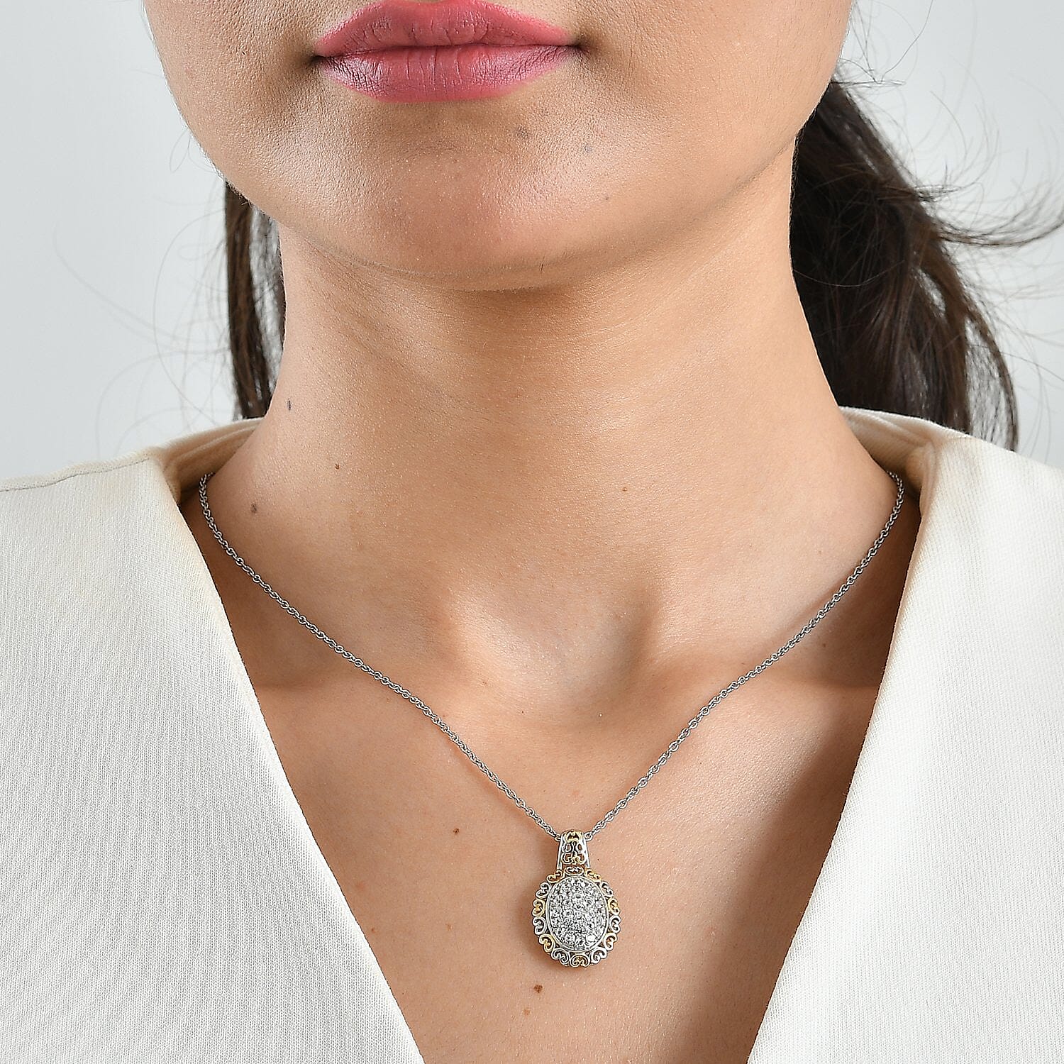 EverTrue Lab Created White Sapphire 1.10 ctw Two Tone Lumina Crown Pendant in 18K YG Plated and Platinum Bond with Stainless Steel Necklace 20 Inches