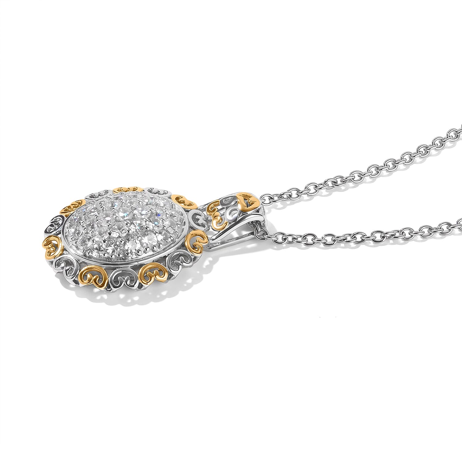 EverTrue Lab Created White Sapphire 1.10 ctw Two Tone Lumina Crown Pendant in 18K YG Plated and Platinum Bond with Stainless Steel Necklace 20 Inches