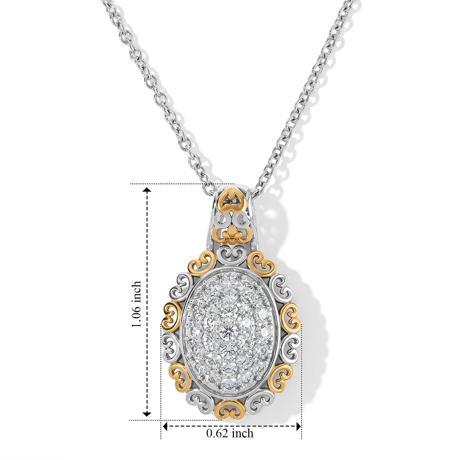 EverTrue Lab Created White Sapphire 1.10 ctw Two Tone Lumina Crown Pendant in 18K YG Plated and Platinum Bond with Stainless Steel Necklace 20 Inches