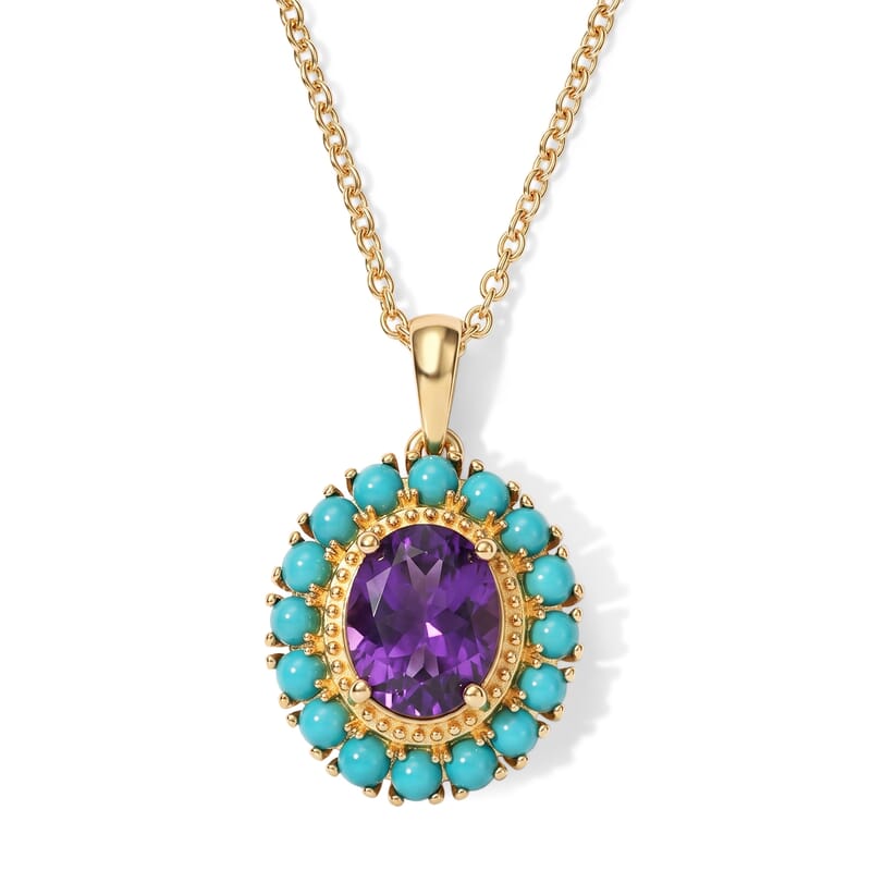 EverTrue African Amethyst and Lagoon Turquoise 3.40 ctw Crown Pendant in 18K YG Plated with ION Plated YG Stainless Steel Necklace (20 Inches)