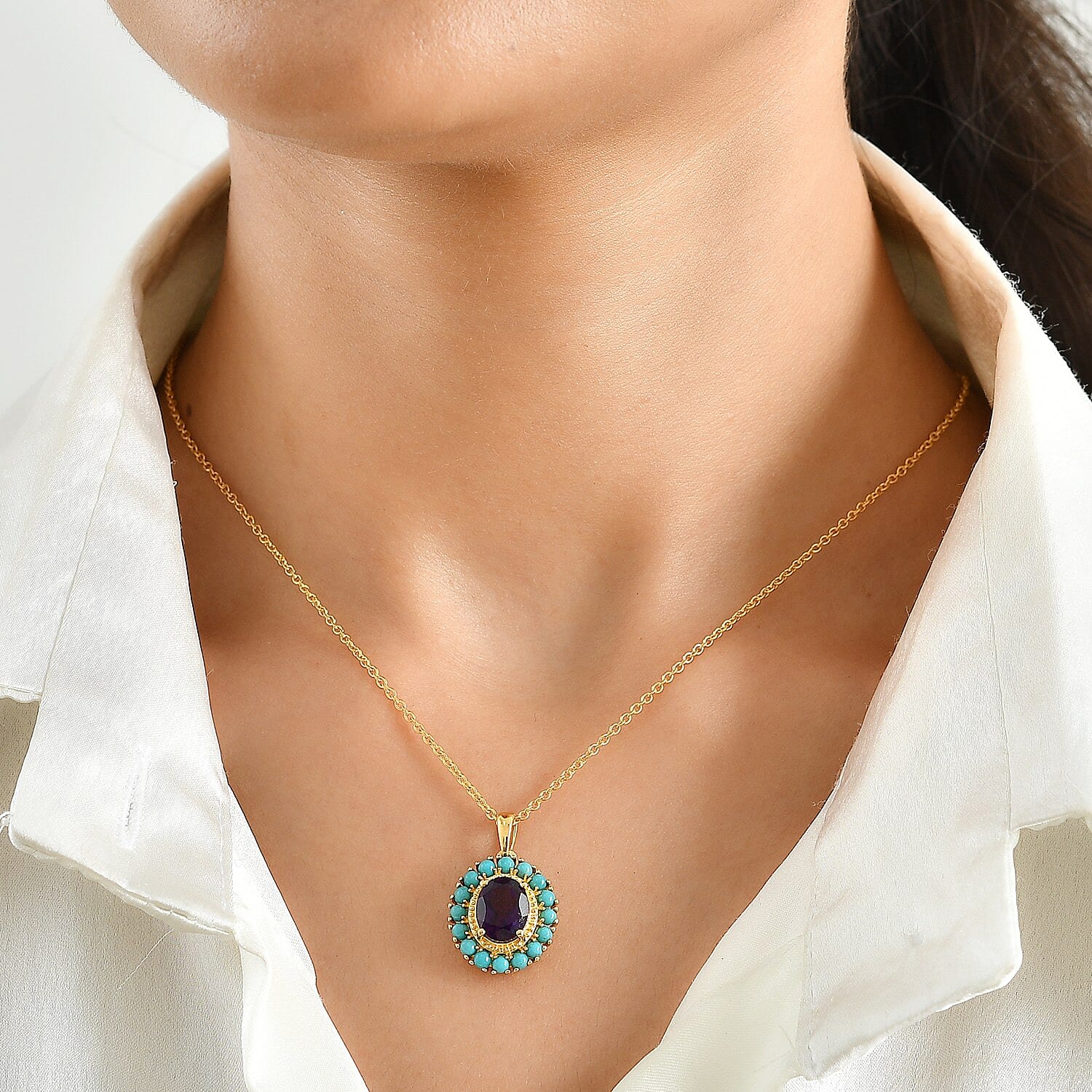 EverTrue African Amethyst and Lagoon Turquoise 3.40 ctw Pendant in 18K YG Plated with ION Plated YG Stainless Steel Necklace (20 Inches)