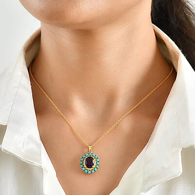EverTrue African Amethyst and Lagoon Turquoise 3.40 ctw Pendant in 18K YG Plated with ION Plated YG Stainless Steel Necklace (20 Inches)