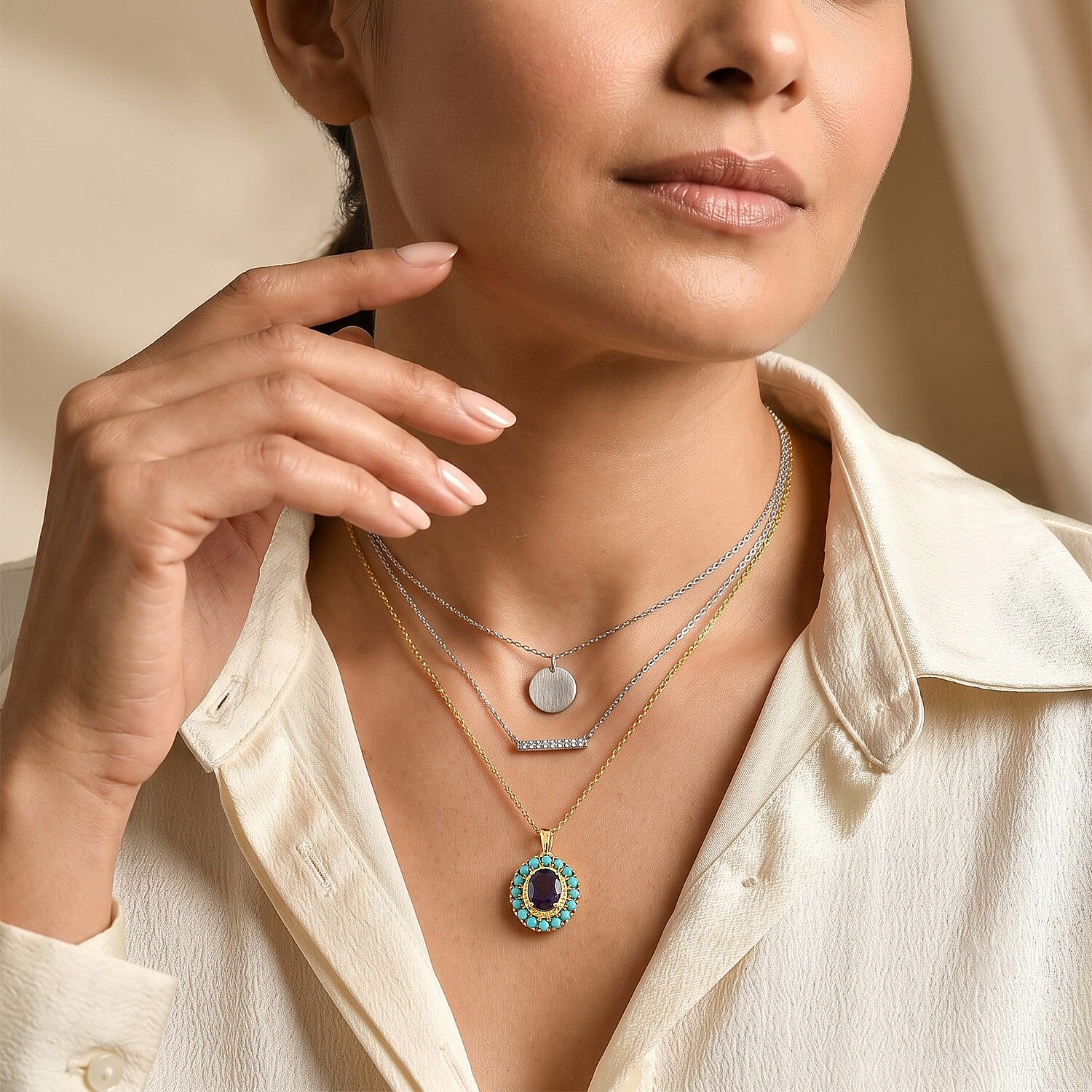 EverTrue African Amethyst and Lagoon Turquoise 3.40 ctw Pendant in 18K YG Plated with ION Plated YG Stainless Steel Necklace (20 Inches)