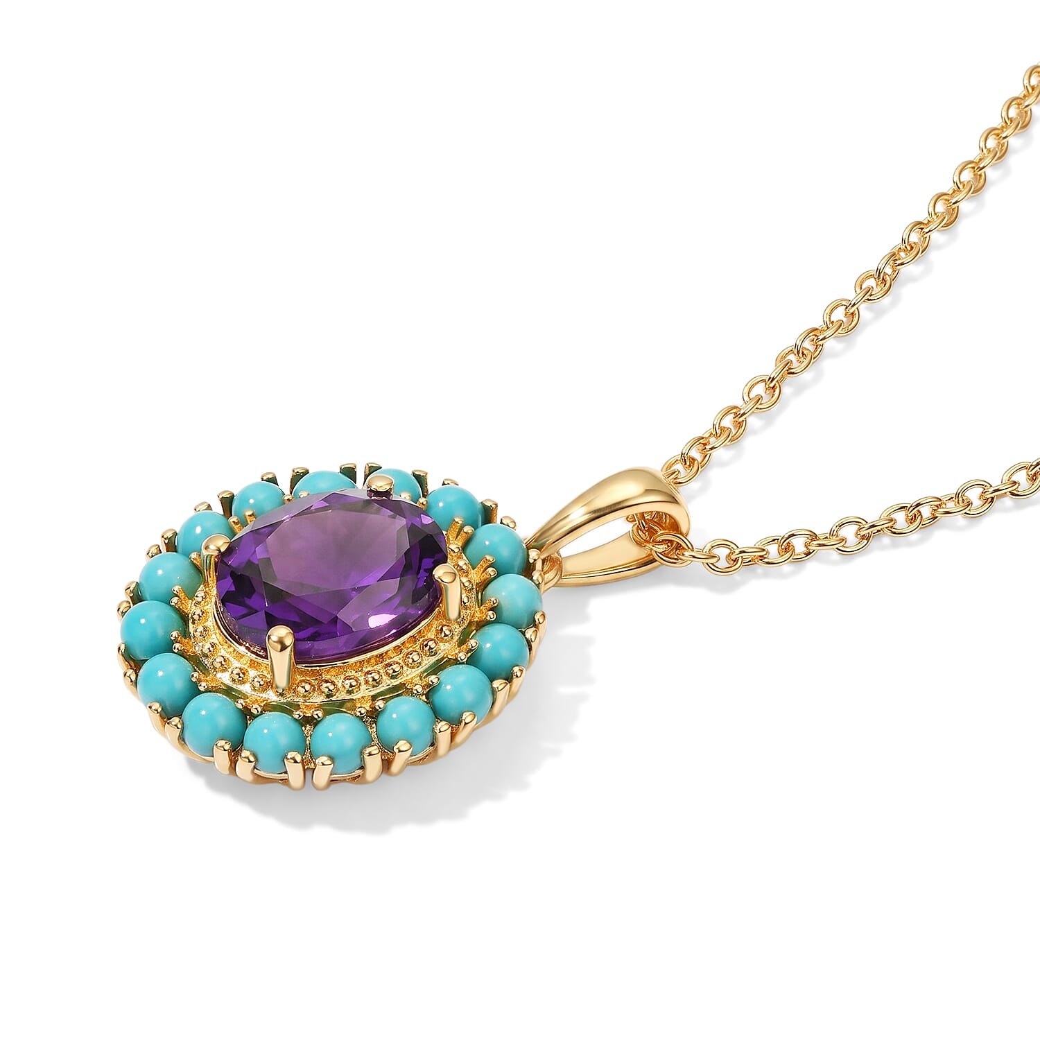 EverTrue African Amethyst and Lagoon Turquoise 3.40 ctw Pendant in 18K YG Plated with ION Plated YG Stainless Steel Necklace (20 Inches)